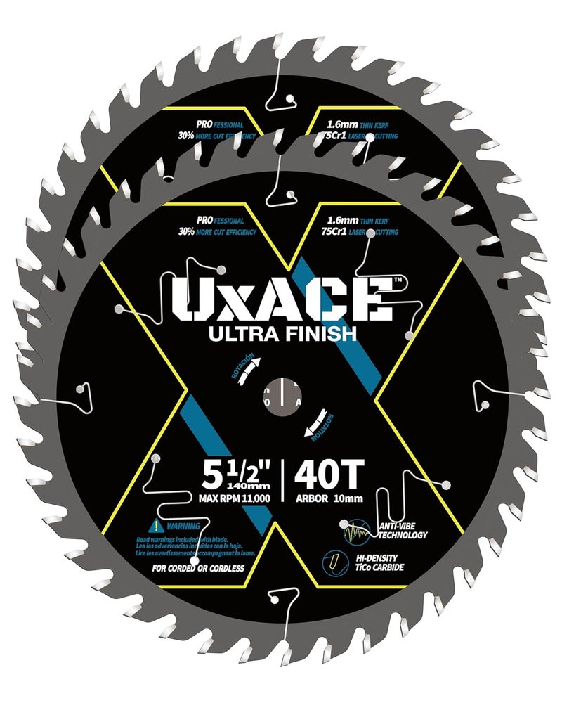 UXACE 5-1/2-Inch 40-Tooth Circular Saw Blade with 10 mm Arbor, Ultra Finish Wood Cutting, Carbide Tip, Thin Kerf, for Plywood, MDF, OSB, Laminated, 2 Pack - Image 1